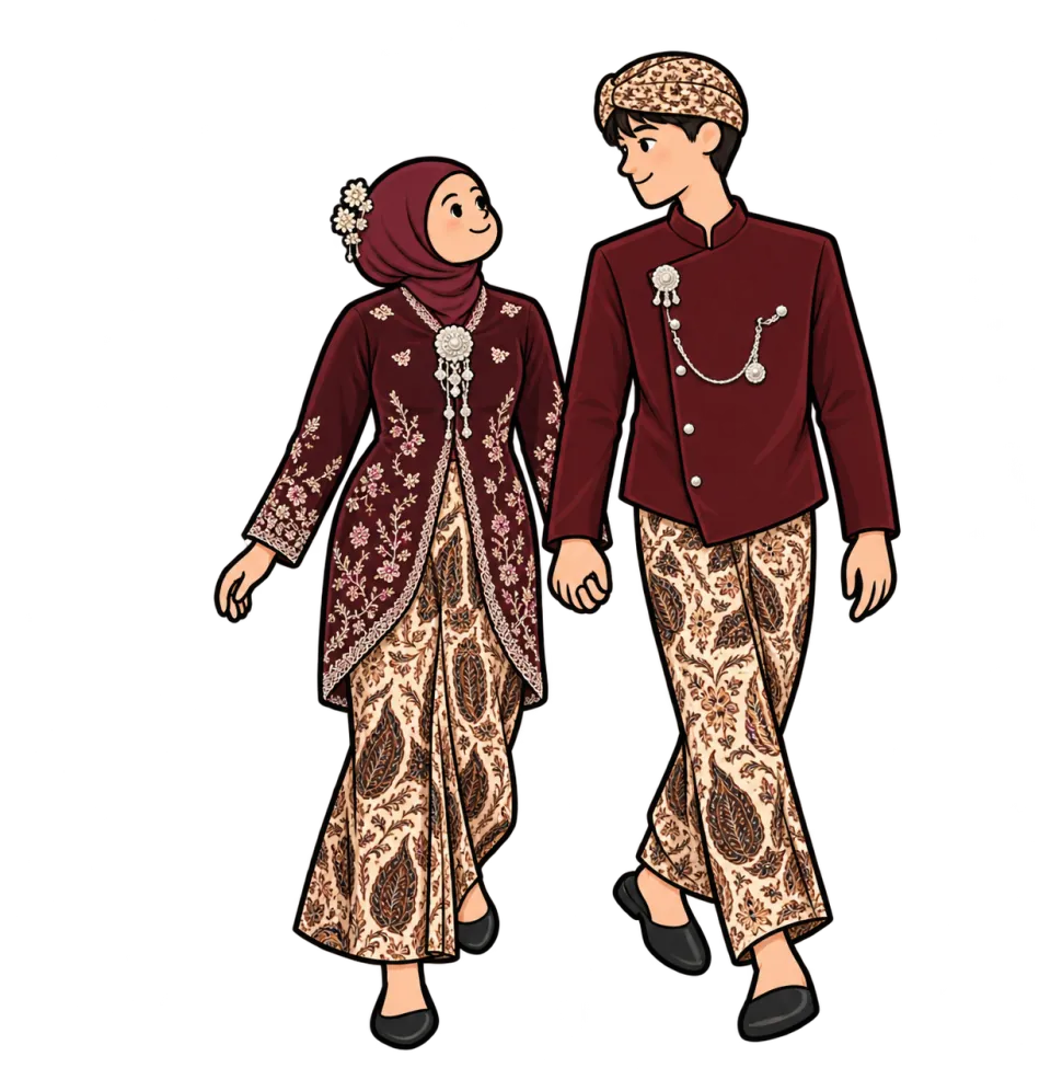 Ilustrasi Velly dan Etis mengenakan busana adat Jawa